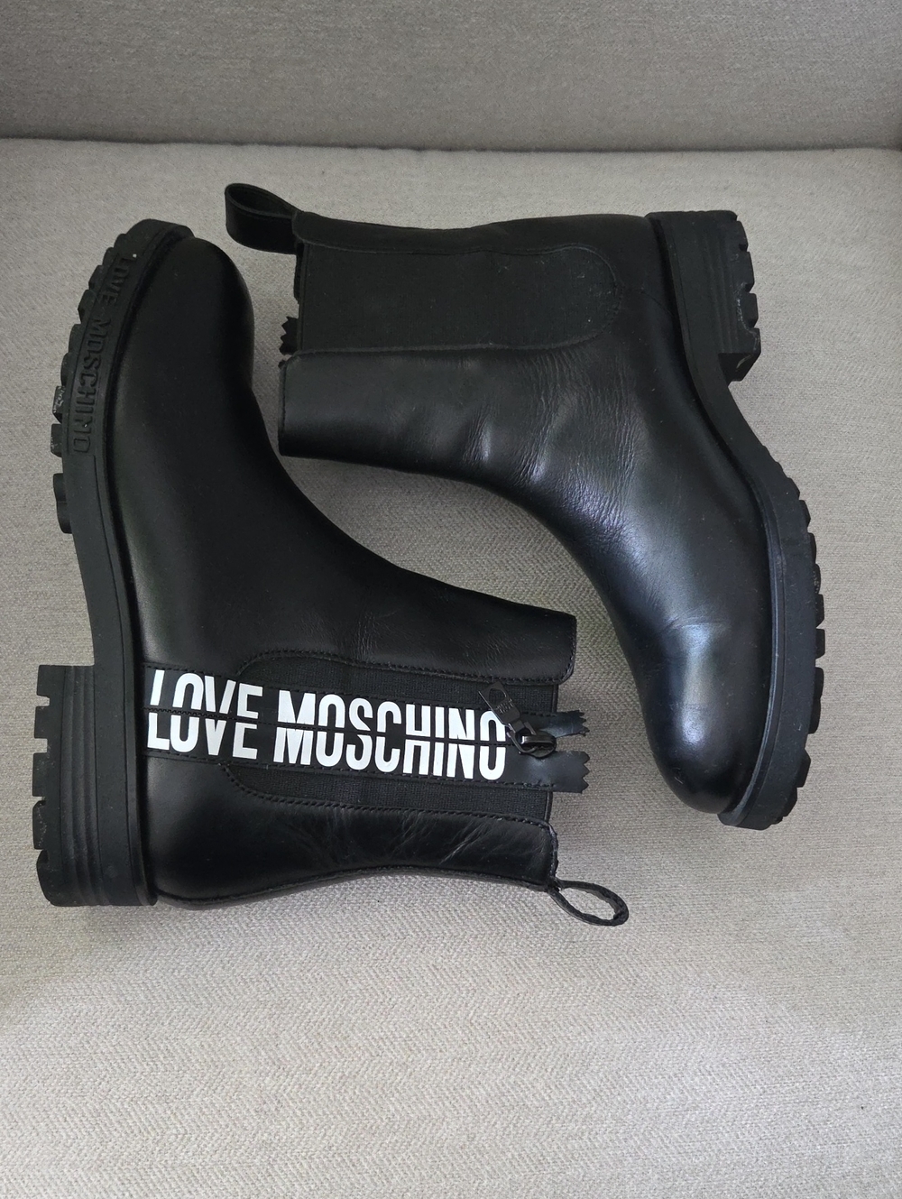 Love Moschino Black Leather Chelsea Boots with Logo Tape - Size 8